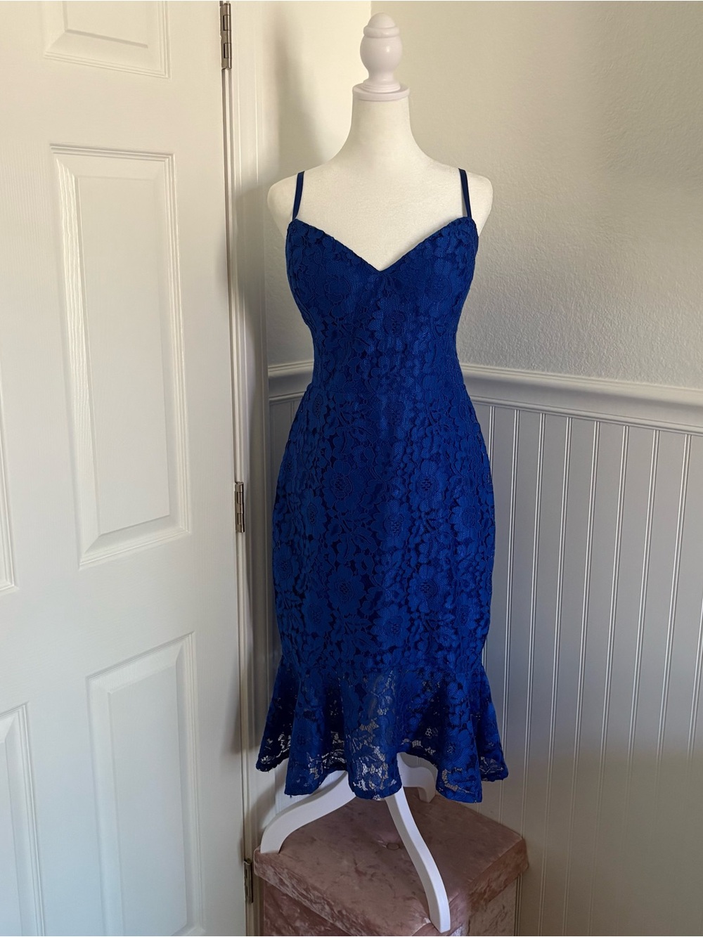 Royal Blue Guess Lace Dress with Peplum and Adjustable Spaghetti Straps